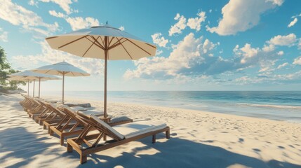 Poster - A beach scene with several beach chairs and umbrellas