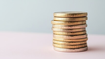 A stack of gold coins on a pink surface with copy space.