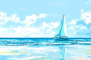 Wall Mural - Sailboat on a Calm Ocean with White Clouds.