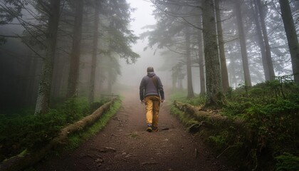  A person venturing into a foggy forest or down a misty path