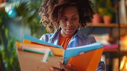 Poster - This young woman examines various colorful folders, focused on her study materials.