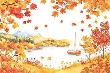 Wall Mural - Sailboat on Autumn Lake with Mountain View.