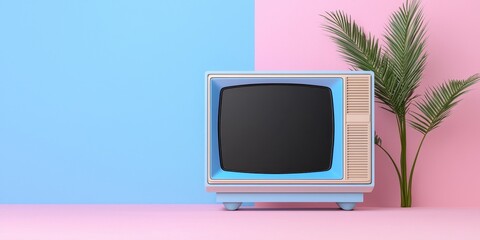 A vintage television sits against a pastel blue and pink backdrop, accompanied by a green leaf, showcasing a retro aesthetic and charming design.