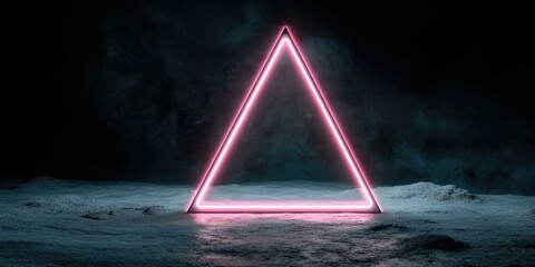 Wall Mural - A glowing pink neon triangle on a dark and rocky landscape