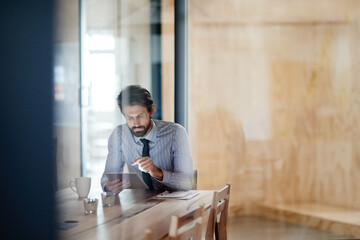 Fototapete - Online, reading and tablet with business man for chief financial officer, corporate and annual report. Planning, technology and company review with person in office for economy forecast and auditor