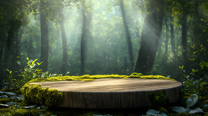 Wall Mural - A round wooden podium with moss on the bottom, set against an enchanted forest background. Enchanted. Illustration
