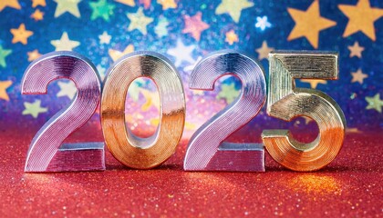 Wall Mural - text 2025 written in shiny numbers on colorful background with stars and sparkles