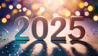 Wall Mural - text 2025 written in shiny numbers on colorful background with stars and sparkles