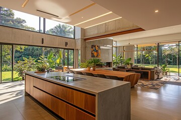 Poster - Modern kitchen and living area showcasing open design with natural light in a contemporary home surrounded by greenery. Generative AI