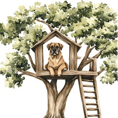 Wall Mural - Watercolor Illustration of a Dog in a Treehouse.