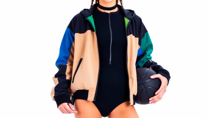 Cropped image of young woman in sports jacket and black bodysuit on white background. Close-up. Young woman holding black basketball. Advertising photo.