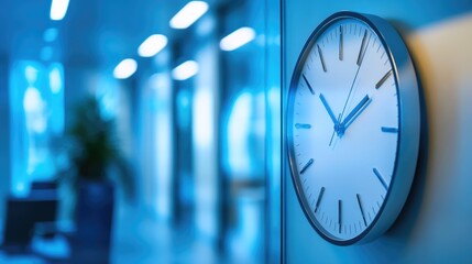 A wall clock against an office background.