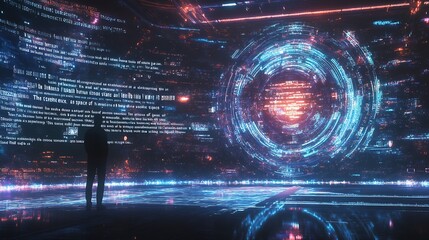 Aufkleber - Man in Virtual Data Room with Futuristic Digital Interface and Holographic Display : Generative AI