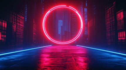 Aufkleber - Futuristic Neon Red Circle and Blue Lines in a Dark Cyberpunk City Alley : Generative AI