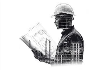 Poster - Architectural Engineer with Hard Hat and Blueprints in a Double Exposure Cityscape : Generative AI