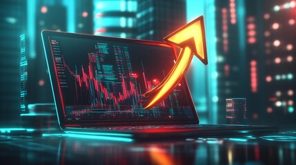 Poster - Futuristic Laptop Showing Stock Market Growth with Trend Arrow : Generative AI