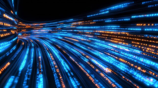 Flowing Blue and Orange Digital Streams Representing High-Tech Data Movement : Generative AI