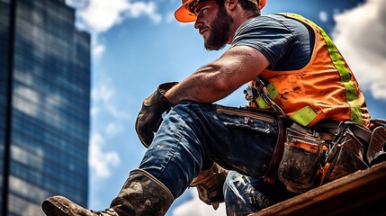 Poster - Skilled Construction Worker Taking a Break on Building Roof at Construction Project : Generative AI
