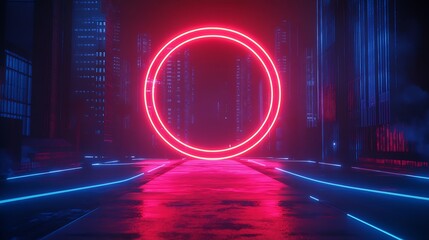 Aufkleber - Neon Red Circle and Blue Path in a Futuristic City at Night with Modern Glow : Generative AI