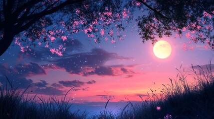 Poster - A beautiful sky with a pink moon and a tree with pink leaves