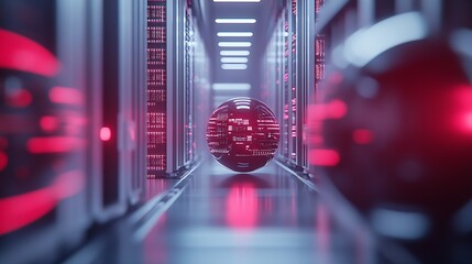 Poster - Modern Data Center with Red Digital Sphere Highlighting Technological Advances : Generative AI