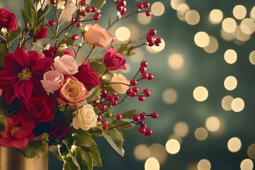 Festive red and gold Christmas decorations, with garlands and twinkling fairy lights