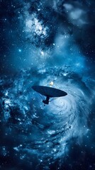 Wall Mural - a satellite dish pointing towards a glowing and vibrant earth amidst a swirling galaxy filled with s