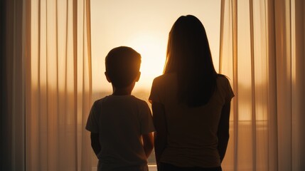 Mother and Child Enjoying Sunset Together at Home