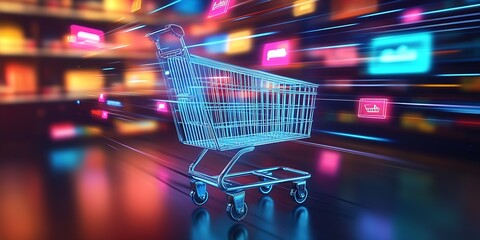 Poster - Fast Paced Neon Shopping Cart with Digital Icons in Dynamic Retail Background : Generative AI
