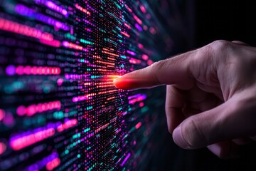 Poster - A person touching a vibrant digital display filled with colorful data patterns at night
