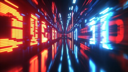 Poster - Cyber corridor with vibrant red and blue numeric displays : Generative AI