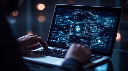 Aufkleber - Futuristic Digital Interface on Laptop Screen with Glowing Icons for Communication and Media : Generative AI
