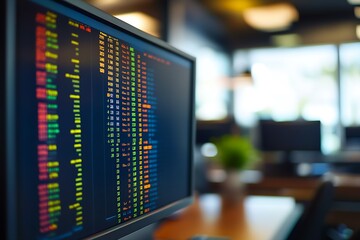 Fototapete - Office Computer Displaying Financial Stock Data with Vibrant Color Patterns : Generative AI