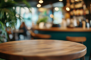 Empty wooden tabletop with a blurred background of coffee shop or restaurant.  