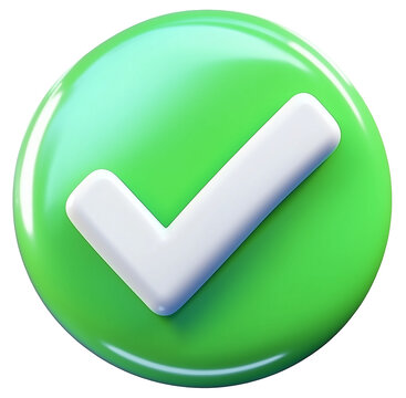 3d check icon, checklist tick, done mark. Vector realistic plastic style checkmark, symbol of selection, confirmation or approval. Green circle with a white tick. Yes button for web design or app, PNG