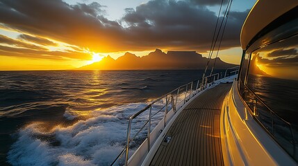 Aufkleber - Majestic Yacht Experience at Sunset with Cape Mountain Silhouette on Ocean : Generative AI