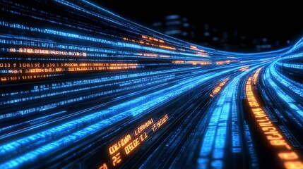 Poster - Vivid Blue and Orange Binary Lines in Digital Space Representing Data Travel : Generative AI