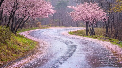 Wall Mural - A winding road lined with cherry blossom trees, creating a serene and picturesque landscape.