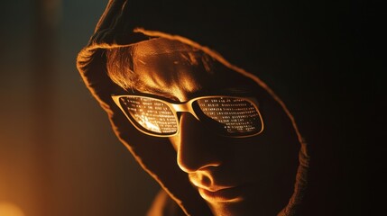 Poster - Mysterious Figure in Hood with Glowing Sunglasses