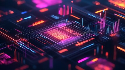 Poster - Futuristic Digital Circuitry with Glowing Neon Blue and Red Lines : Generative AI
