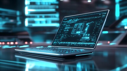 Poster - High Tech Laptop Displaying Advanced AI Interface in Cyber Environment : Generative AI