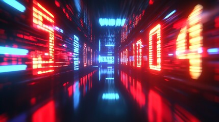 Poster - Abstract digital path with red and blue glowing number sequences : Generative AI