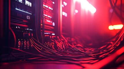 Aufkleber - Advanced Server Network with Illuminated Red Wires in State-of-the-Art Facility : Generative AI