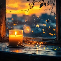 Aufkleber - A solitary candle illuminates a dark room creating a warm and inviting atmosphere for reflection