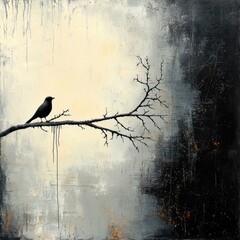 Aufkleber - A lone bird sits silently on a bare branch against a gray sky evoking a sense of solitude and reflection