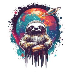 Poster - A cute sloth with crossed arms sits in front of a colorful planet.