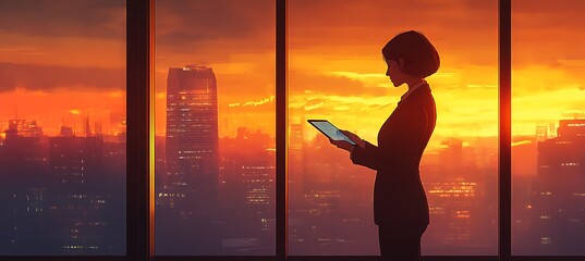 Poster - A businesswoman in a sleek suit standing in front of a large window with a cityscape view, holding a tablet