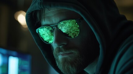 Poster - Mysterious Hacker with Reflective Glasses and Code