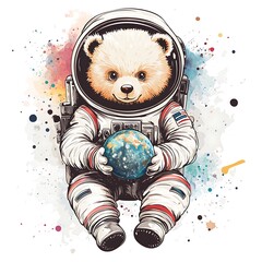 Poster - A cute teddy bear dressed as an astronaut, holding a globe, in front of a watercolor galaxy background.