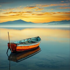 Poster - An empty boat floats peacefully on a calm lake at dawn capturing the serenity of nature